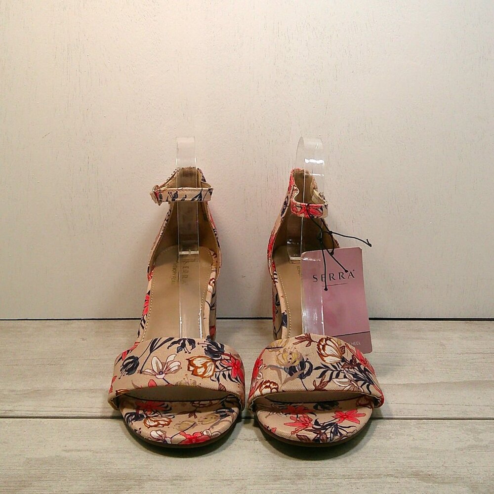NWT Serra Coral, Pink and Navy Floral Strappy Chunky Block Heel Sandals Size 9 - Picture 3 of 12